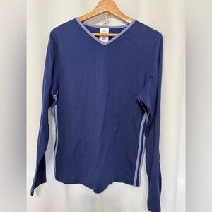 Adidas Women’s Navy and Light Blue V-Neck Shirt Size: Large